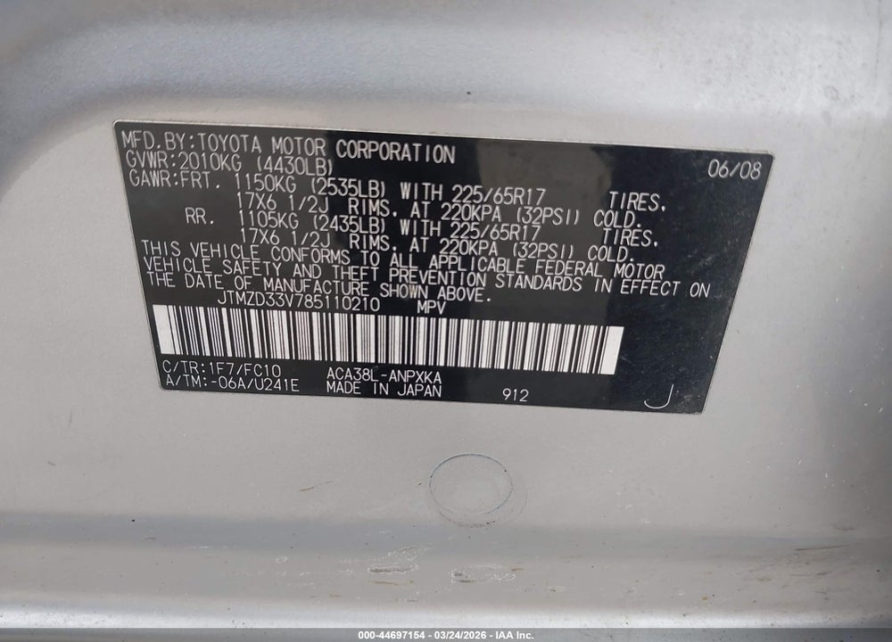 2008 TOYOTA RAV4 VIN: JTMZD33V785110210