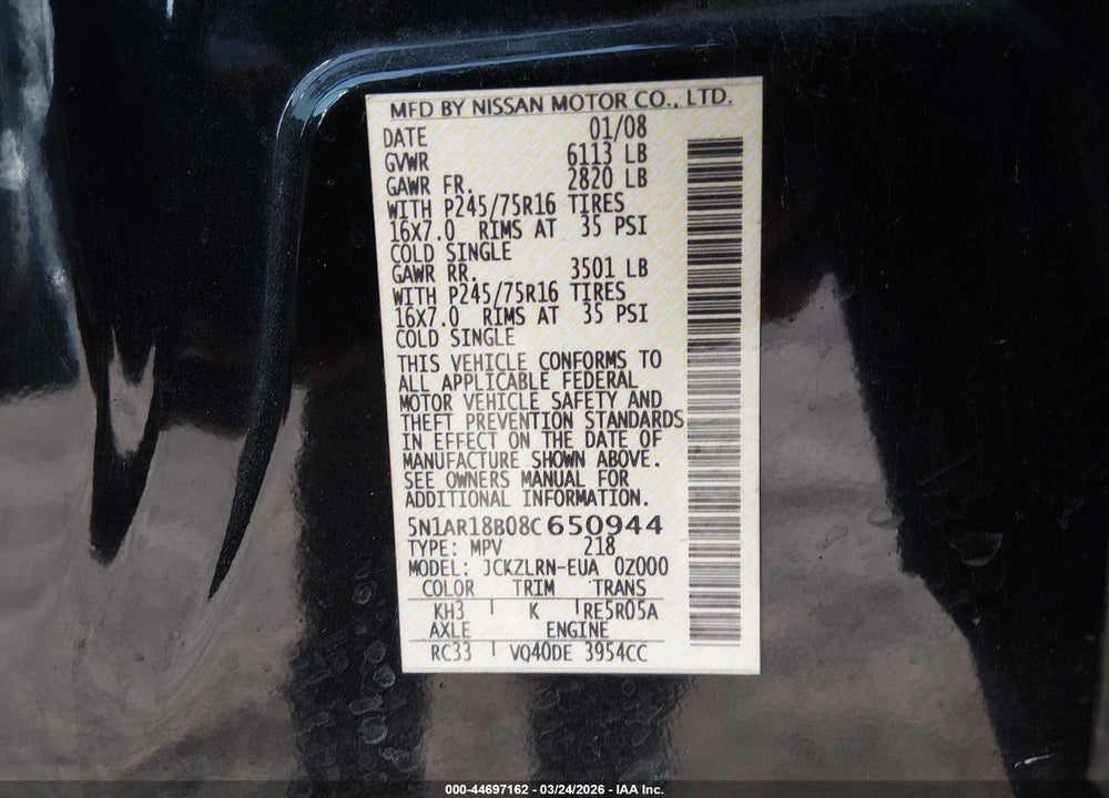 2008 NISSAN PATHFINDER S VIN: 5N1AR18B08C650944