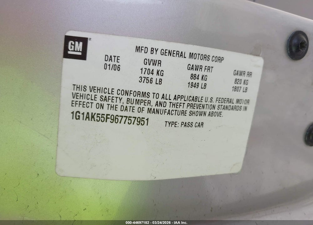 2006 CHEVROLET COBALT LS VIN: 1G1AK55F967757951
