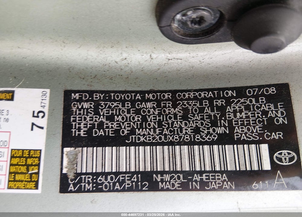 2008 TOYOTA PRIUS VIN: JTDKB20UX87818369
