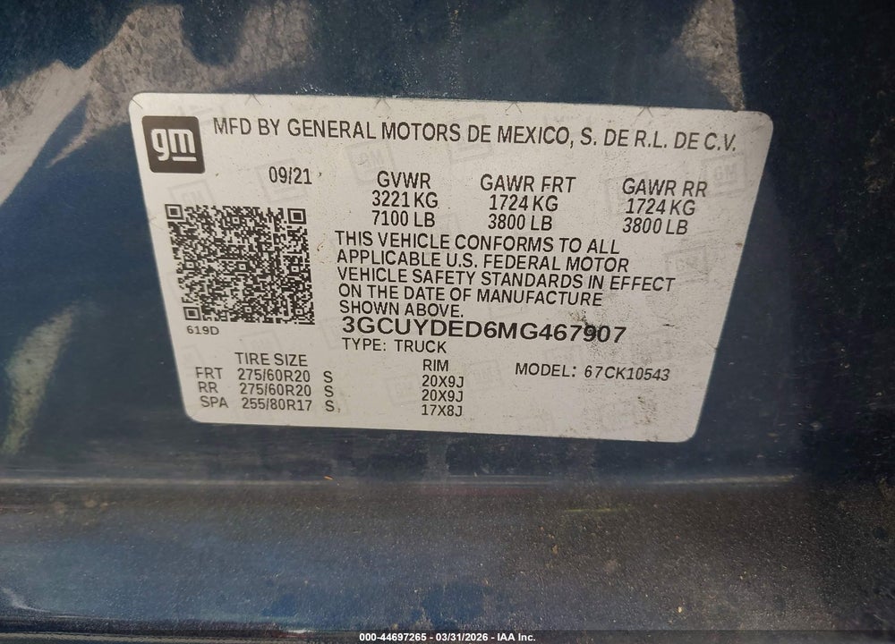 2021 CHEVROLET SILVERADO 1500 4WD  SHORT BED LT VIN: 3GCUYDED6MG467907