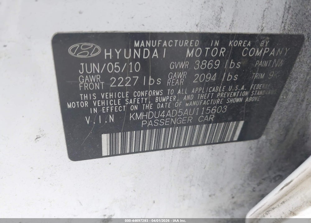 2010 HYUNDAI ELANTRA GLS VIN: KMHDU4AD5AU115603