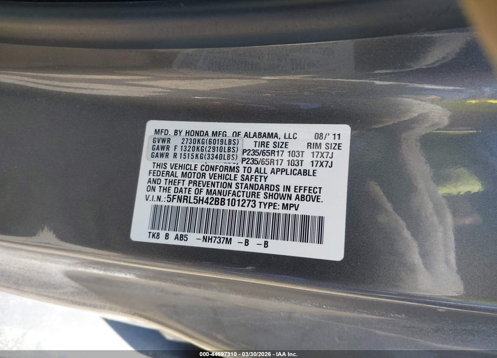 2011 HONDA ODYSSEY EX VIN: 5FNRL5H42BB101273