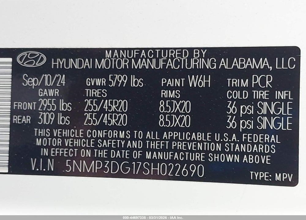 2025 HYUNDAI SANTA FE HYBRID LIMITED VIN: 5NMP3DG17SH022690