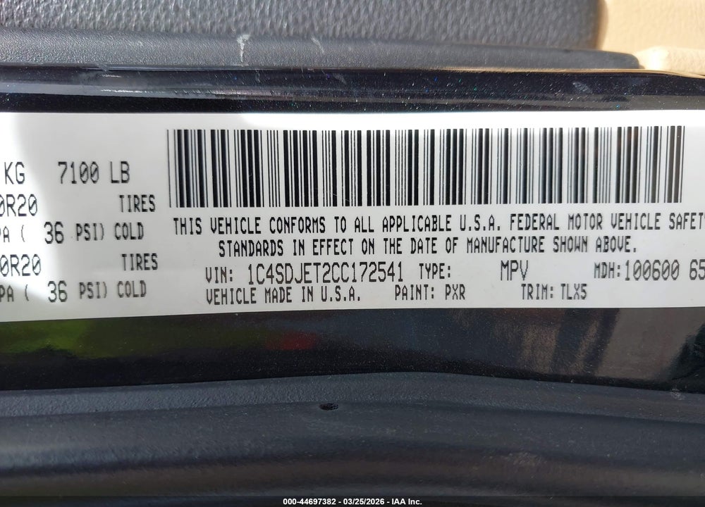 2012 DODGE DURANGO CITADEL VIN: 1C4SDJET2CC172541