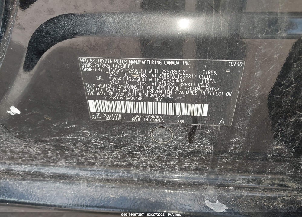 2011 TOYOTA RAV4 BASE V6 VIN: 2T3BK4DV1BW041882