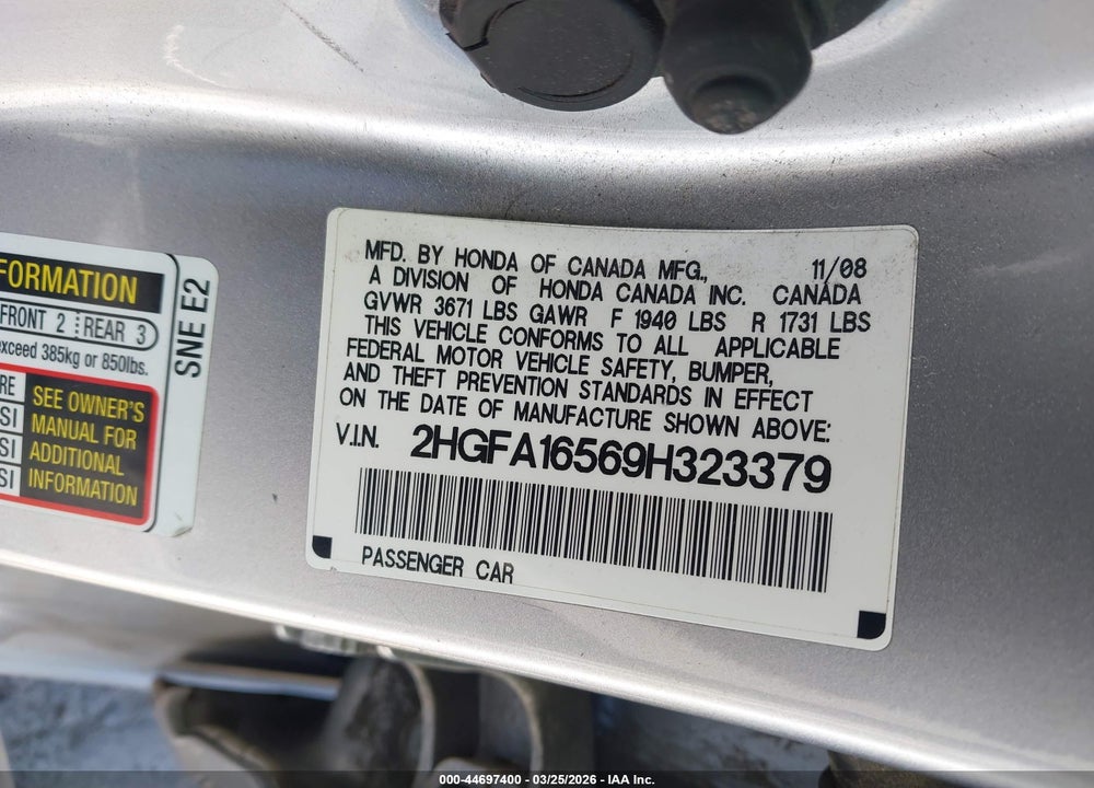2009 HONDA CIVIC LX VIN: 2HGFA16569H323379
