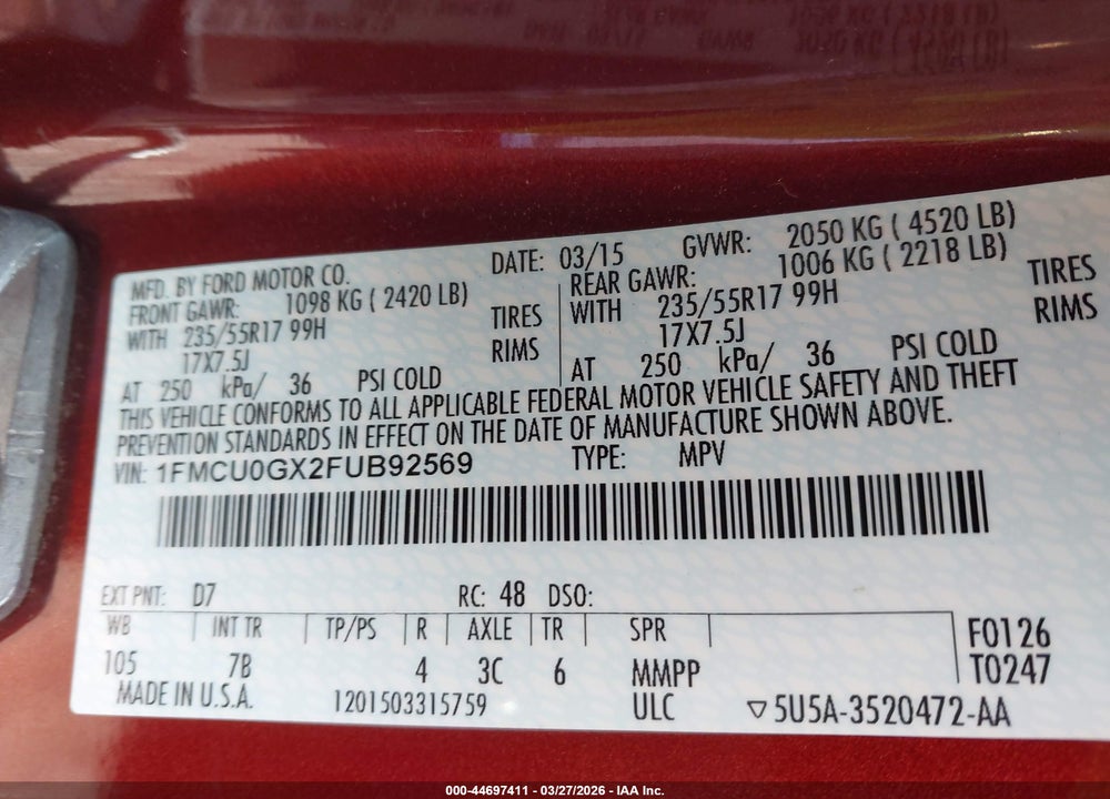 2015 FORD ESCAPE SE VIN: 1FMCU0GX2FUB92569