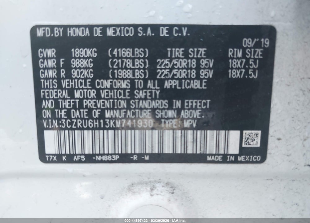 2019 HONDA HR-V SPORT VIN: 3CZRU6H13KM741930