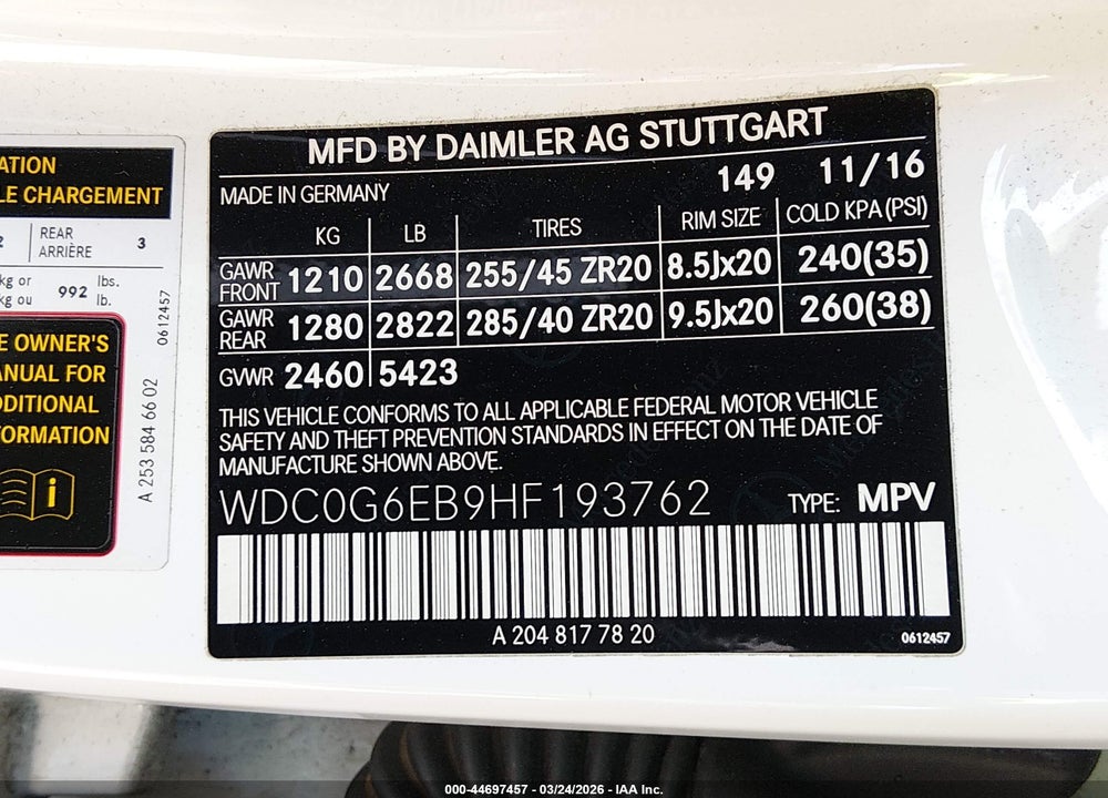 2017 MERCEDES-BENZ AMG GLC 43 4MATIC VIN: WDC0G6EB9HF193762
