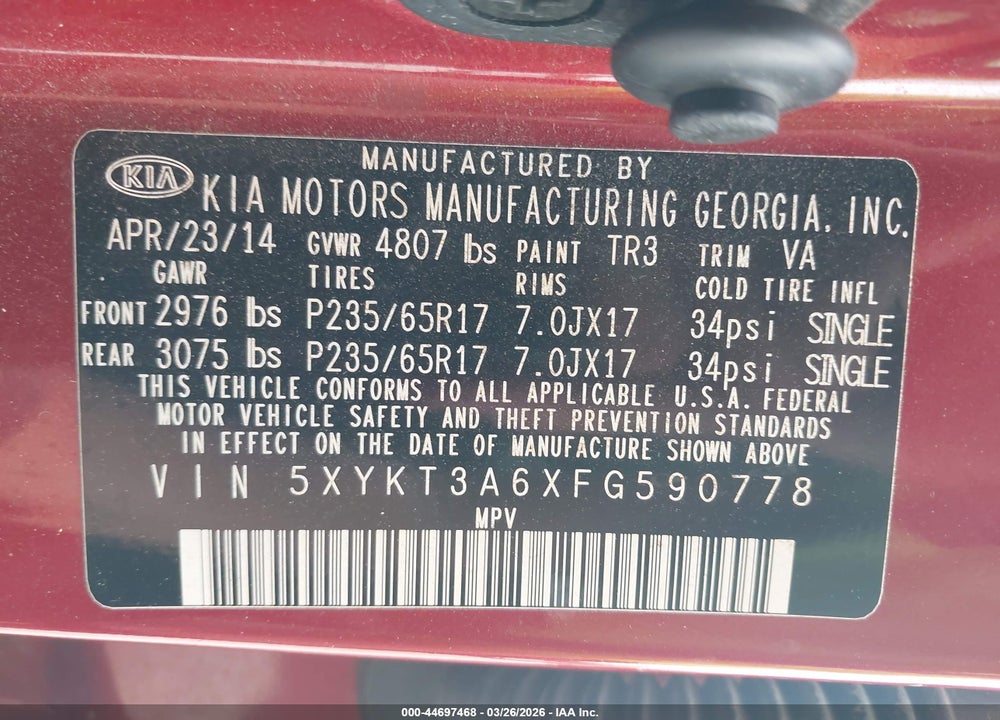 2015 KIA SORENTO LX VIN: 5XYKT3A6XFG590778