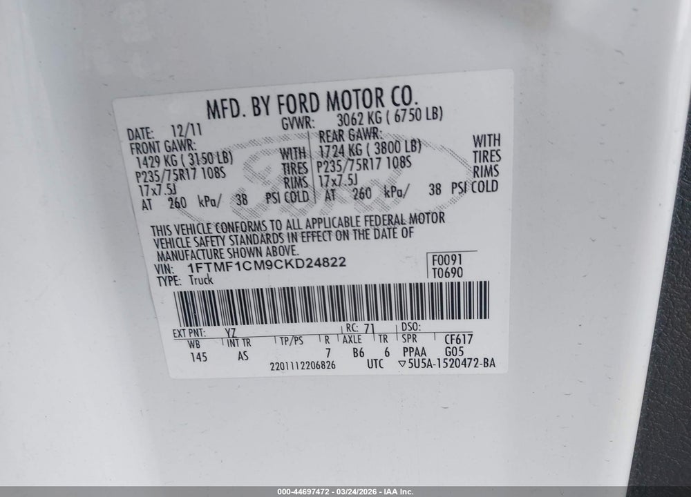 2012 FORD F-150 XL VIN: 1FTMF1CM9CKD24822