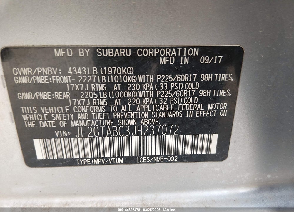 2018 SUBARU CROSSTREK 2.0I PREMIUM VIN: JF2GTABC3JH237072