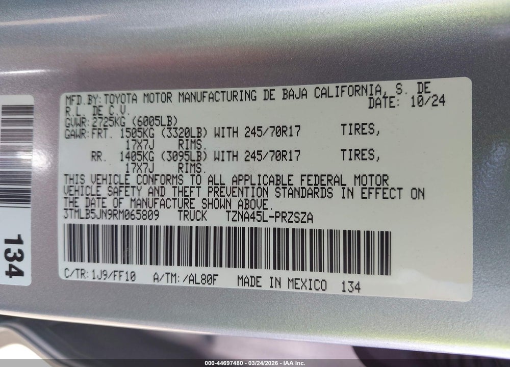 2024 TOYOTA TACOMA VIN: 3TMLB5JN9RM065809