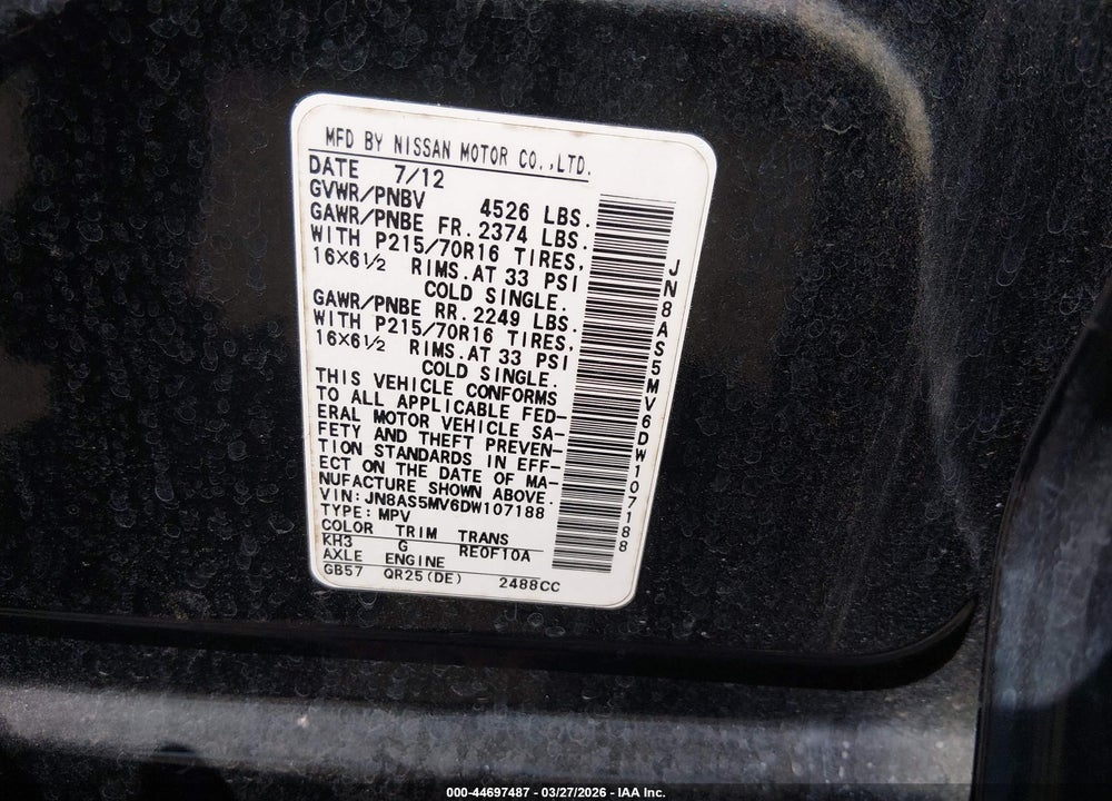 2013 NISSAN ROGUE S VIN: JN8AS5MV6DW107188