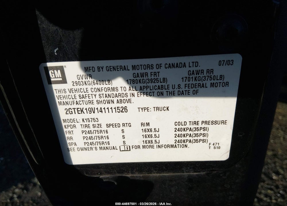 2004 GMC SIERRA 1500 SLE VIN: 2GTEK19V141111526