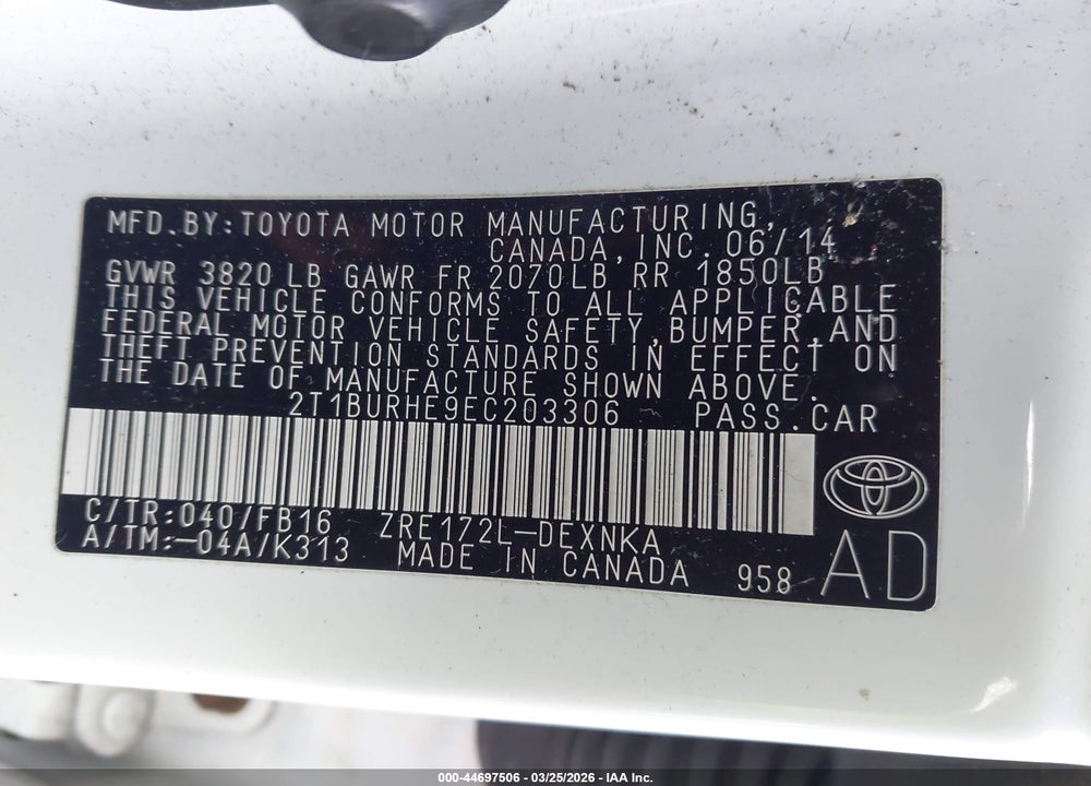 2014 TOYOTA COROLLA LE PLUS VIN: 2T1BURHE9EC203306