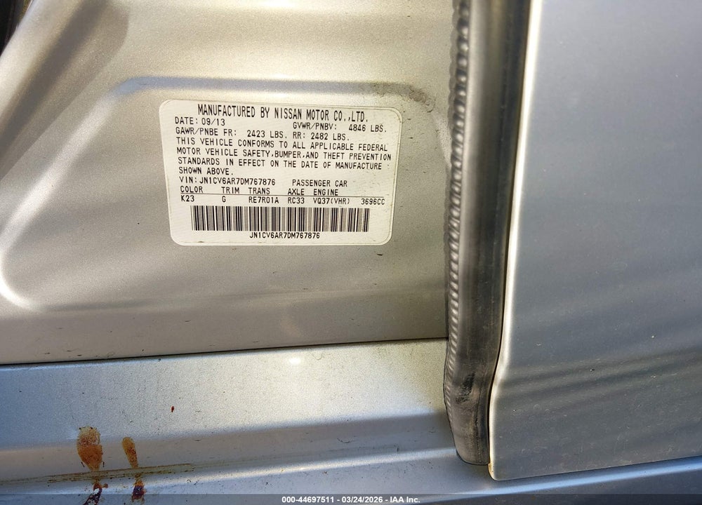 2013 INFINITI G37X VIN: JN1CV6AR7DM767876