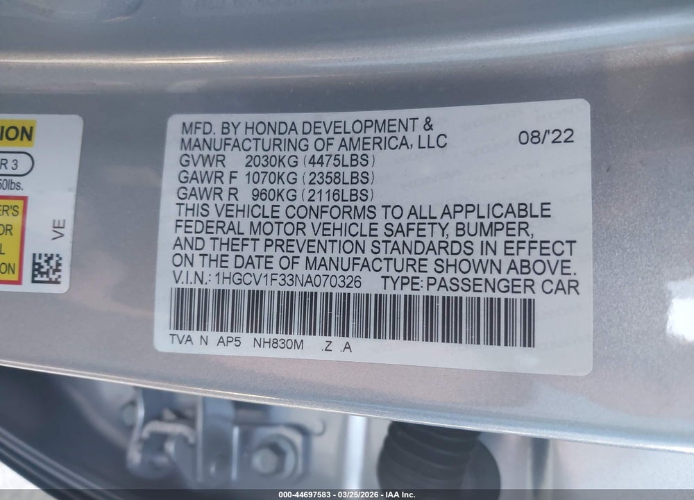 2022 HONDA ACCORD SPORT VIN: 1HGCV1F33NA070326
