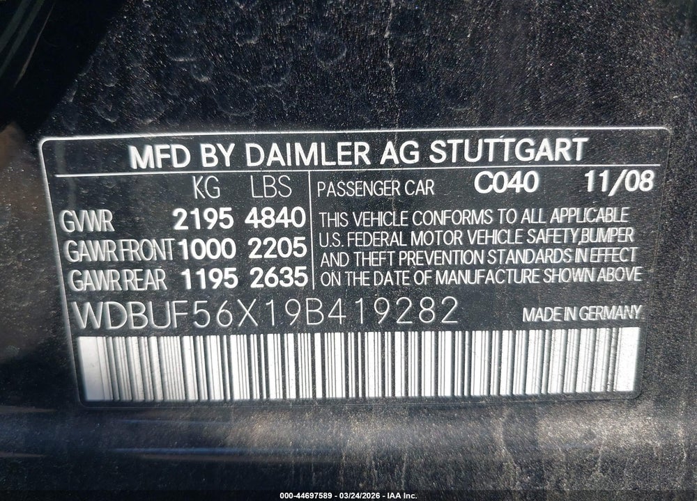 2009 MERCEDES-BENZ E 350 VIN: WDBUF56X19B419282