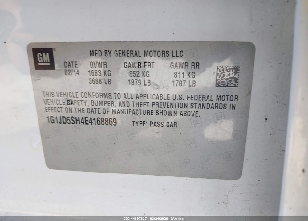 2014 CHEVROLET SONIC LT MANUAL VIN: 1G1JD5SH4E4168869