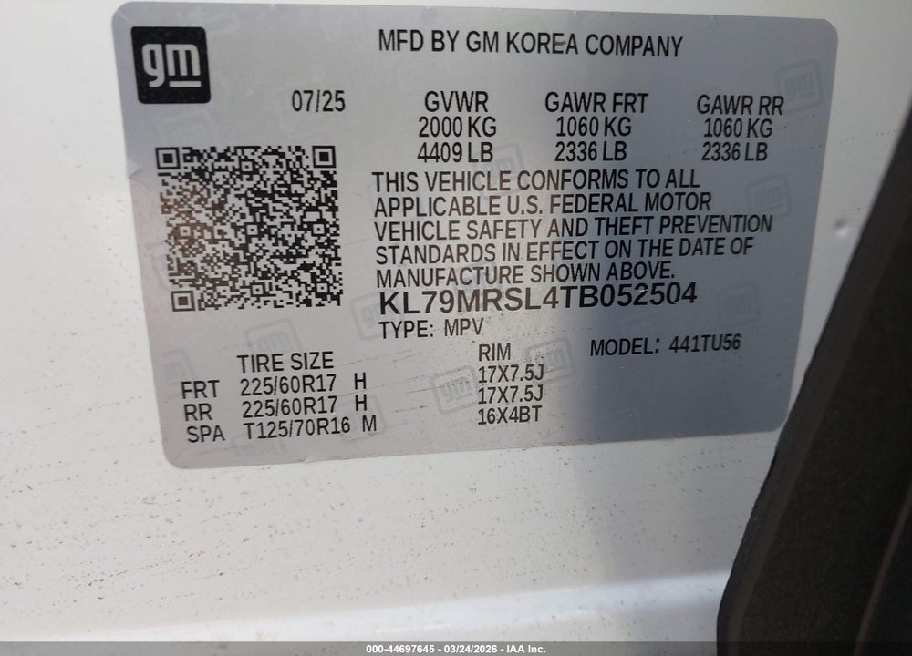 2026 CHEVROLET TRAILBLAZER AWD LT VIN: KL79MRSL4TB052504
