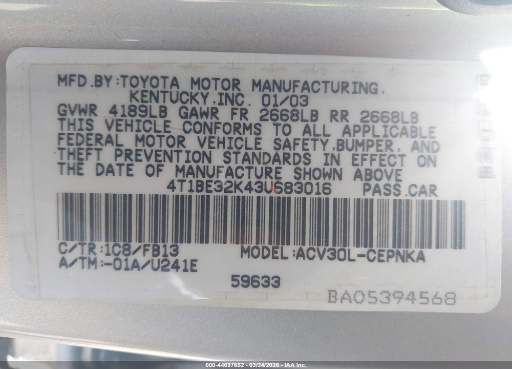 2003 TOYOTA CAMRY LE VIN: 4T1BE32K43U683016
