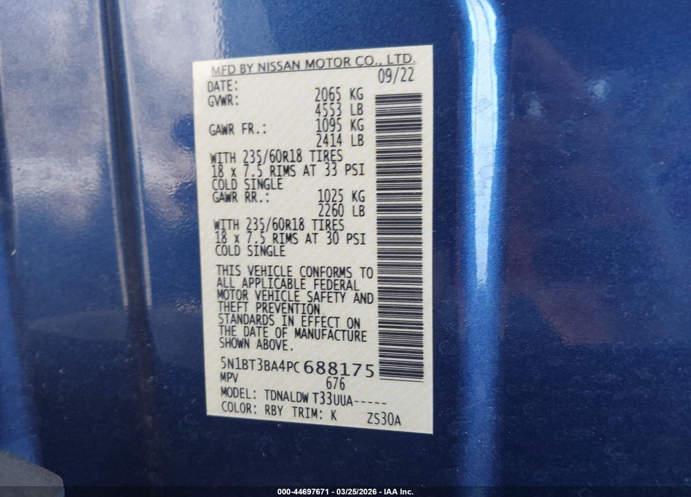 2023 NISSAN ROGUE SV FWD VIN: 5N1BT3BA4PC688175
