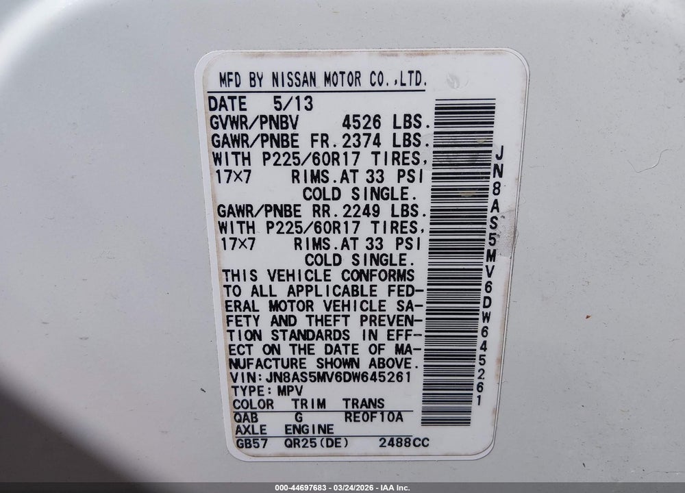 2013 NISSAN ROGUE SV VIN: JN8AS5MV6DW645261