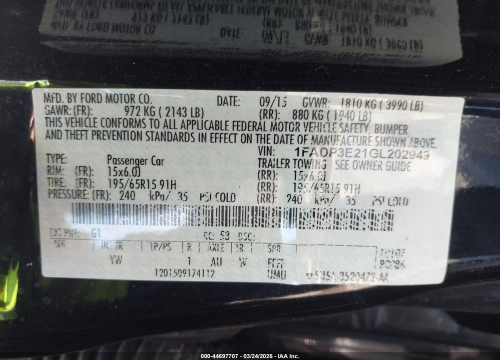 2016 FORD FOCUS S VIN: 1FADP3E21GL202949