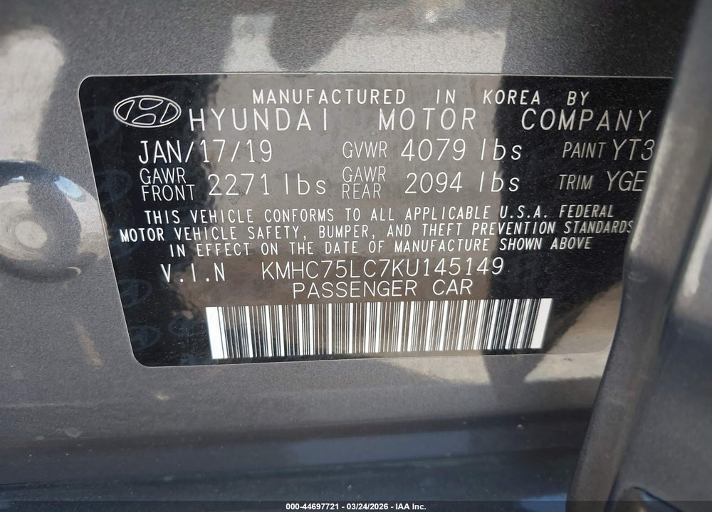 2019 HYUNDAI IONIQ HYBRID SEL VIN: KMHC75LC7KU145149