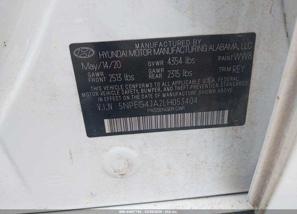 2020 HYUNDAI SONATA SE VIN: 5NPEG4JA2LH053404
