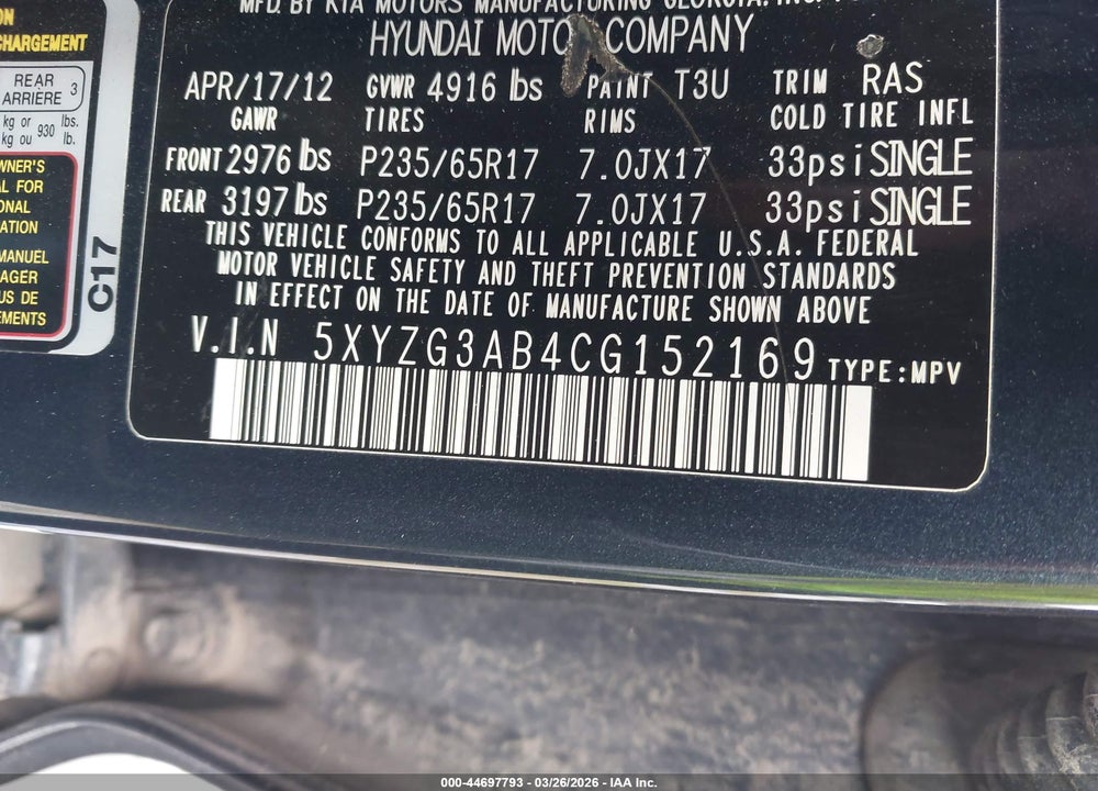 2012 HYUNDAI SANTA FE GLS VIN: 5XYZG3AB4CG152169