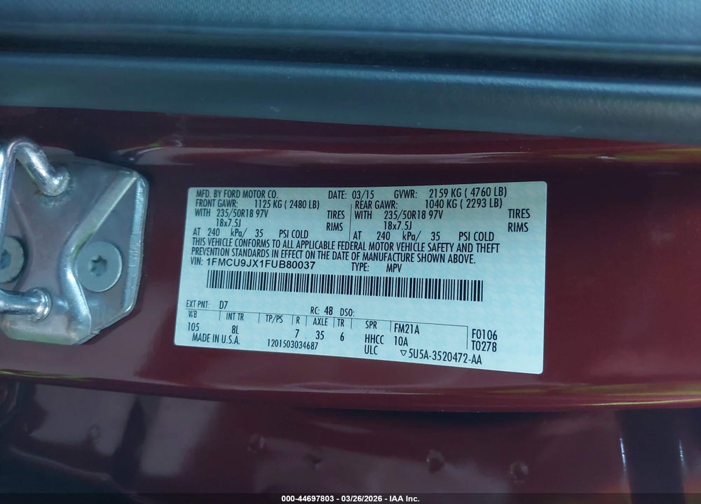 2015 FORD ESCAPE TIT VIN: 1FMCU9JX1FUB80037