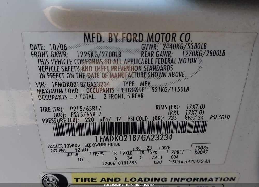 2007 FORD FREESTYLE SEL VIN: 1FMDK02187GA23234