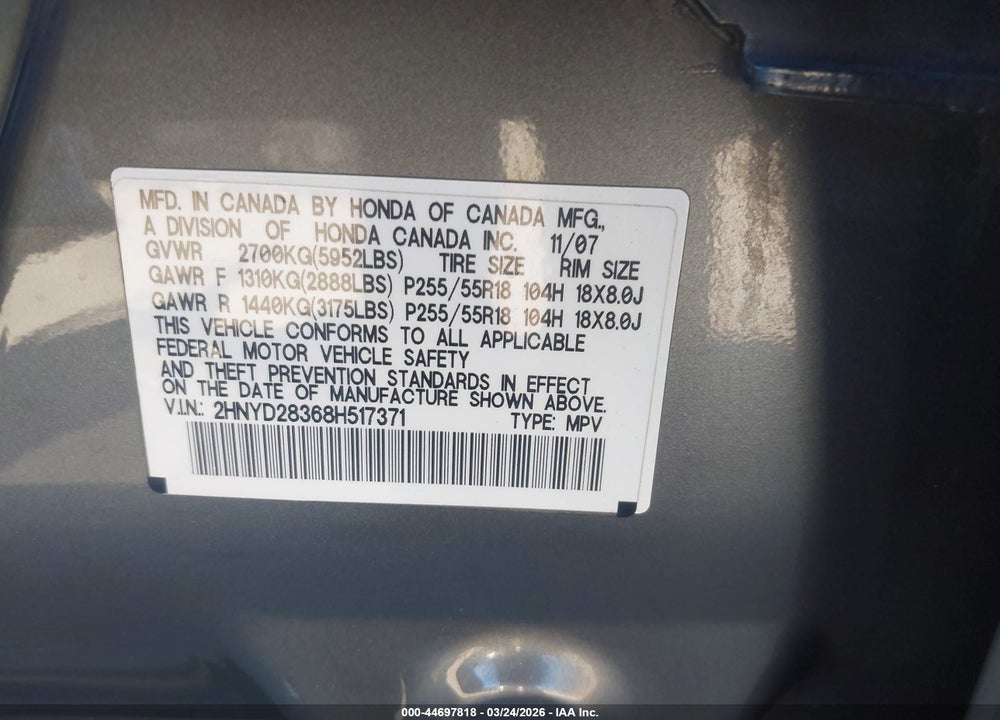 2008 ACURA MDX TECHNOLOGY PACKAGE VIN: 2HNYD28368H517371