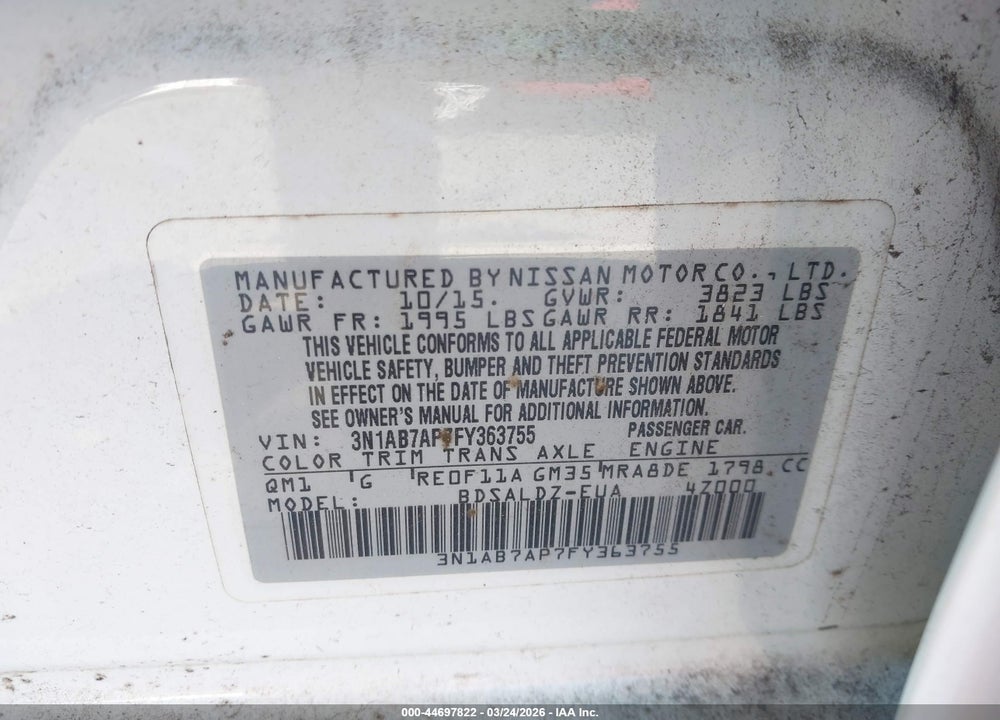 2015 NISSAN SENTRA SV VIN: 3N1AB7AP7FY363755