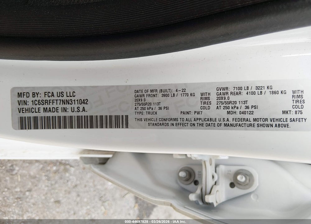 2022 RAM 1500 BIG HORN  4X4 5'7 BOX VIN: 1C6SRFFT7NN311042
