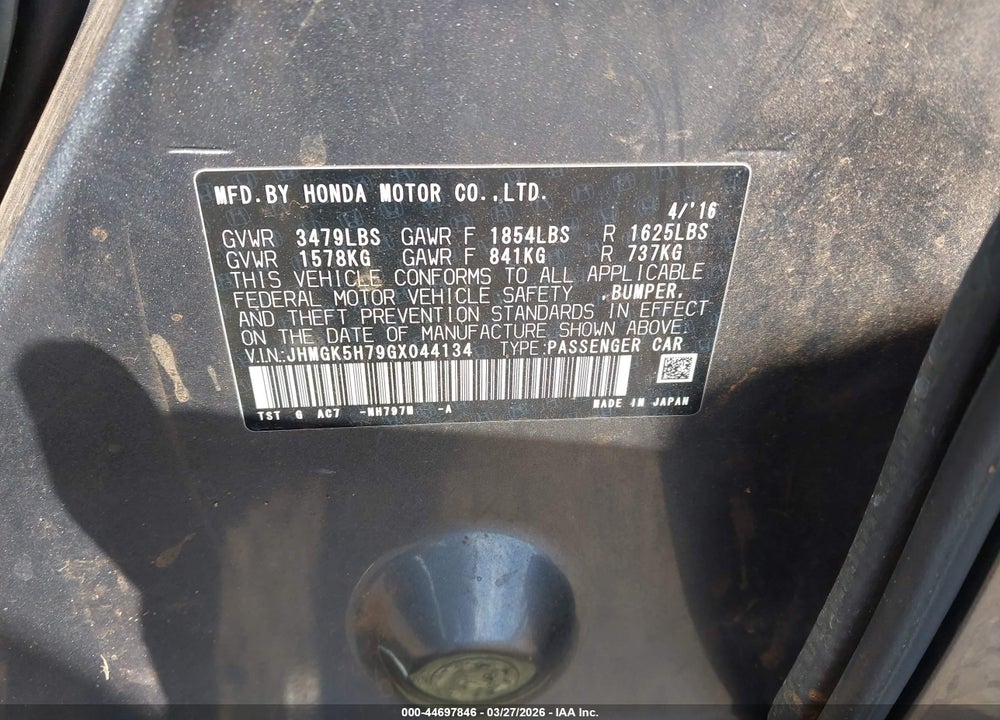 2016 HONDA FIT EX VIN: JHMGK5H79GX044134