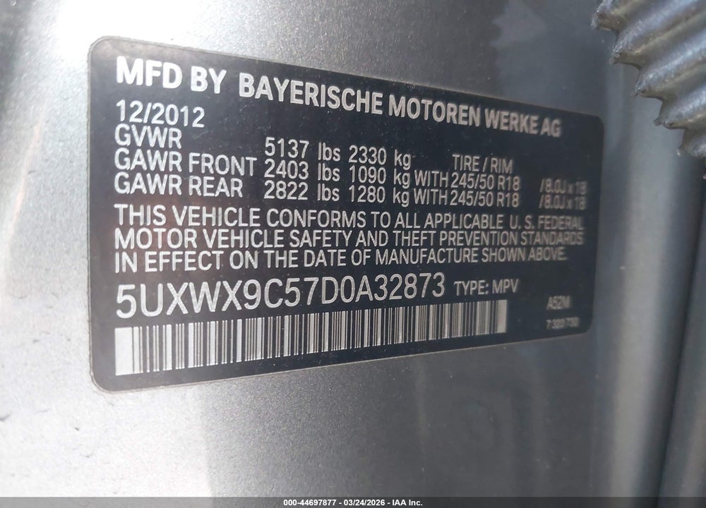 2013 BMW X3 XDRIVE28I VIN: 5UXWX9C57D0A32873
