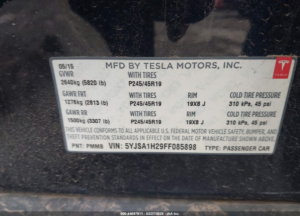 2015 TESLA MODEL S VIN: 5YJSA1H29FF085898
