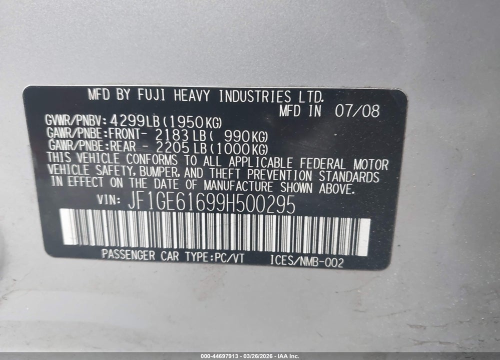 2009 SUBARU IMPREZA 2.5I VIN: JF1GE61699H500295