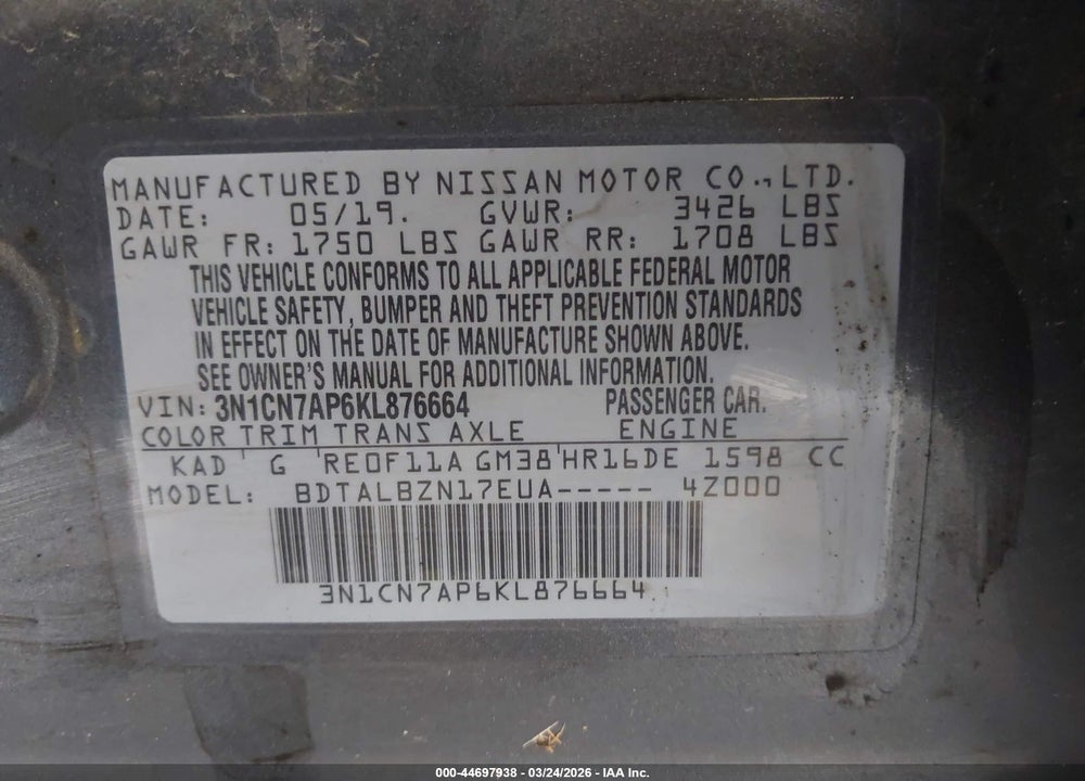 2019 NISSAN VERSA 1.6 SV VIN: 3N1CN7AP6KL876664