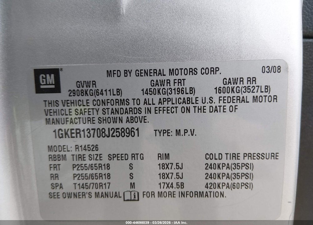 2008 GMC ACADIA SLE-1 VIN: 1GKER13708J258961