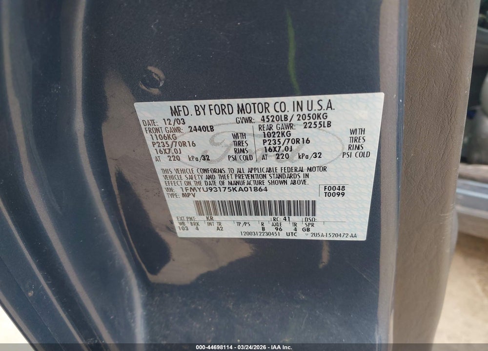 2005 FORD ESCAPE XLT VIN: 1FMYU93175KA01864