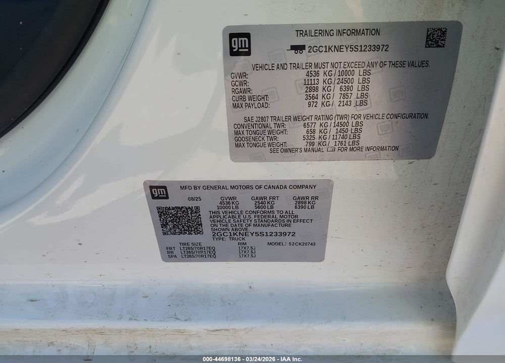 2025 CHEVROLET SILVERADO 2500HD 4WD  STANDARD BED LT VIN: 2GC1KNEY5S1233972