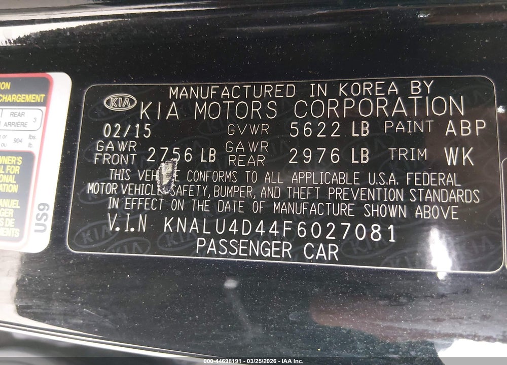 2015 KIA K900 PREMIUM VIN: KNALU4D44F6027081
