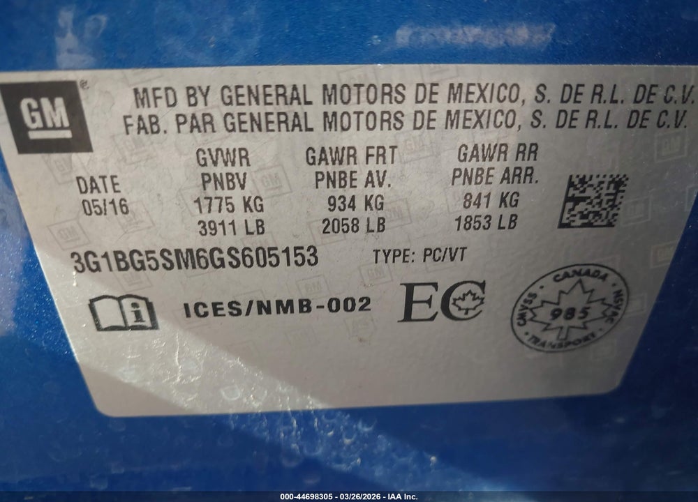 2016 CHEVROLET CRUZE PREMIER AUTO VIN: 3G1BG5SM6GS605153