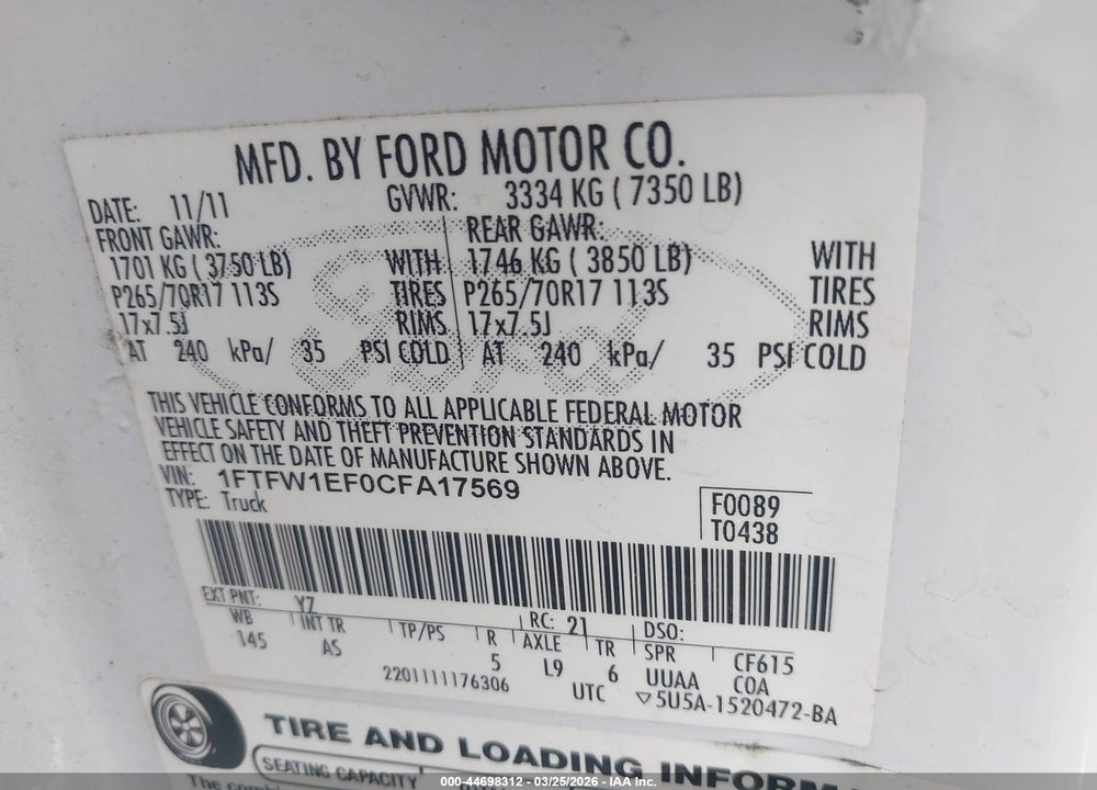 2012 FORD F-150 XL VIN: 1FTFW1EF0CFA17569
