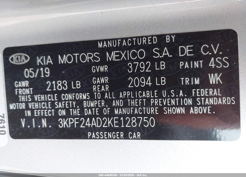 2019 KIA FORTE LXS VIN: 3KPF24AD2KE128750